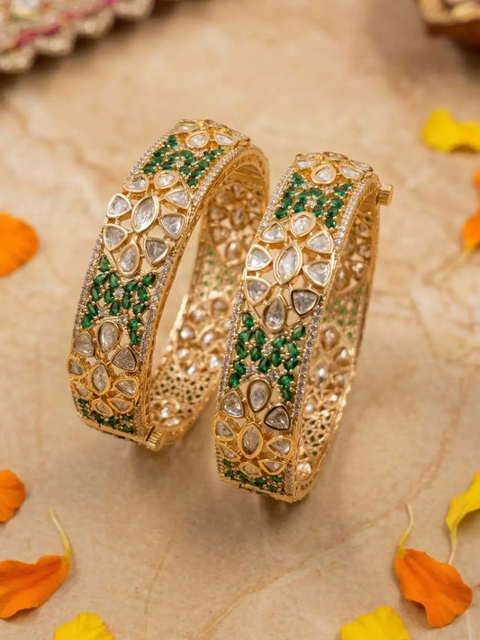 Royal Gold Plated Green Polki Kundan Floral Kada Bangles | Bridal Wedding Designer Bangles