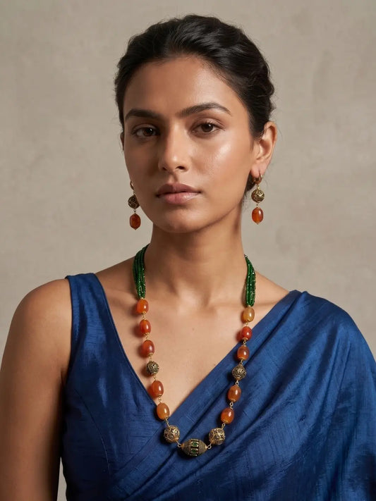 Handcrafted Green Hydro and Orange Chalcedony Beaded Necklace Set with Matching Earrings Worn by Model