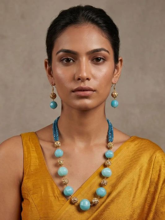 Handcrafted Natural Blue Jade Watermelon-Shaped Beaded Necklace Set with Gold-Tone AD Crystal Accents and Matching Earrings