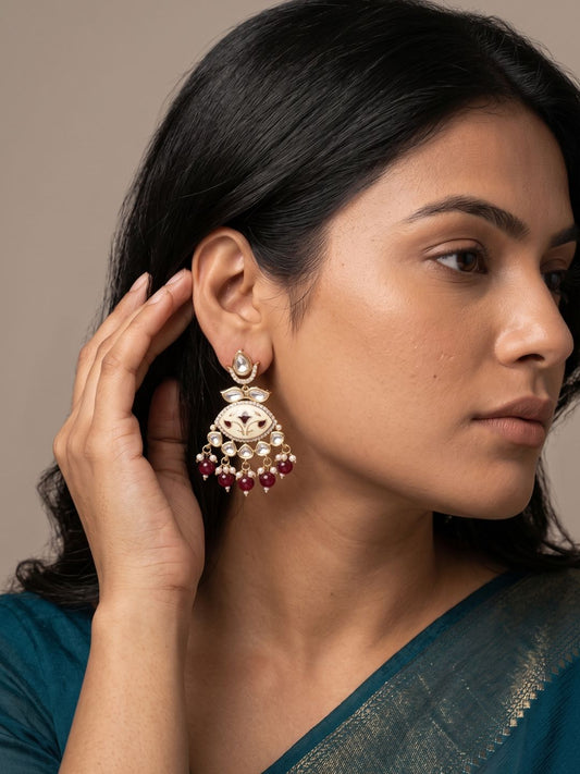 Ivory Meenakari Kundan Chandbali earrings with uncut Polki stones, American diamond accents and maroon bead and pearl danglers