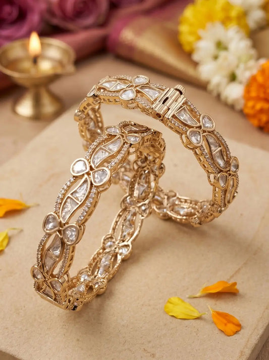 Elegant Gold Plated Openable Kundan Polki Kada Bangles For Weddings & Parties