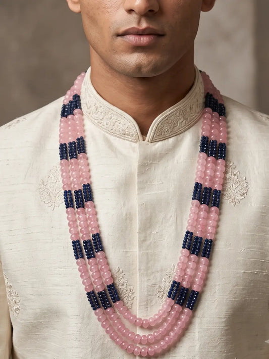 Long layered groom mala with blue hydro beads, faceted pink jade gemstone beads and gold plated detailing for sherwani styling