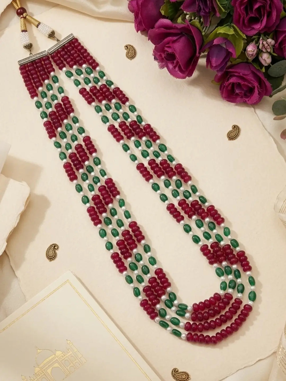 Long multistrand ruby red, green and white beaded necklace for Indian ethnic and festive outfits.