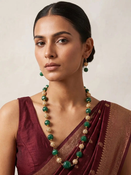 Long Natural Green Jade Beaded Necklace with Watermelon-Shaped Kharbuja Beads and Matching Earrings
