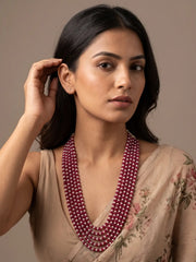 Long ruby red jade and freshwater pearl beaded necklace with multiple strands and gold-plated detailing for wedding, party and festive styling.