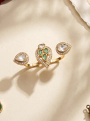 Mint green CZ and Polki-style double finger ring with gold plating and pear-shaped motifs, styled for ethnic, festive and party wear looks.