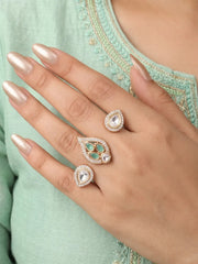 Mint green gold plated double finger ring with CZ, Polki-style and colourful stones, designed for bridal, wedding and festive occasions.