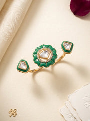 Mint green Kundan double finger ring for women featuring gold plating, enamel detailing and Polki stones for bridal, wedding and festive styling.