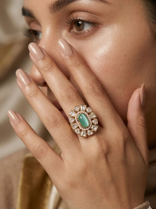 Statement Mint Green Stone and Polki Kundan Ring for Women | Wedding And Festive Wear
