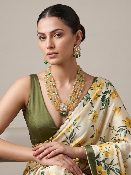 Model Wearing Handcrafted Multi-Layer Yellow Citrine Beaded Necklace Set with Polki Brooch