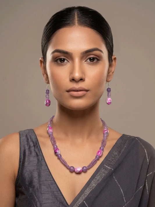 Handcrafted Amethyst Multi Strand Beaded Necklace Set | Purple Beads Necklace