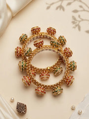 Multicolour Meenakari Kundan Gokhru kada bangles with white pearl detailing, red and green accents and gold-tone borders for festive looks.