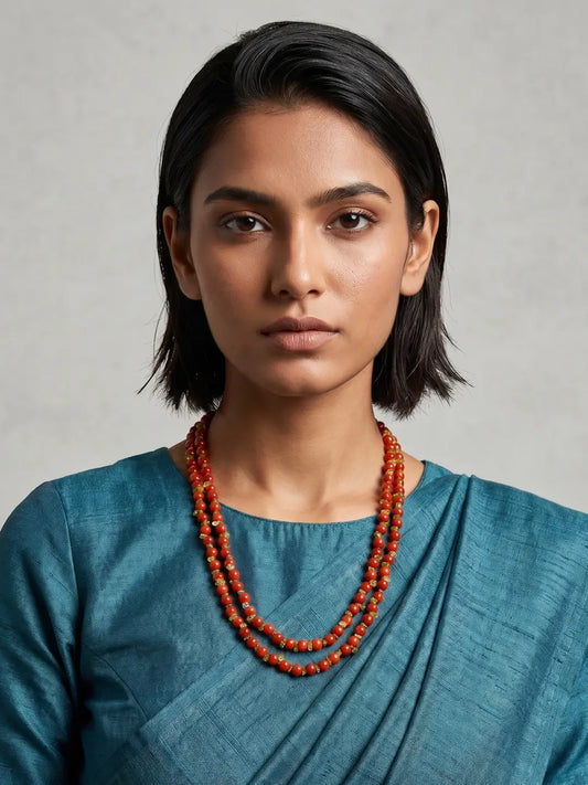 Layered natural orange carnelian bead necklace with green peridot chip beads and gold plated accents for women