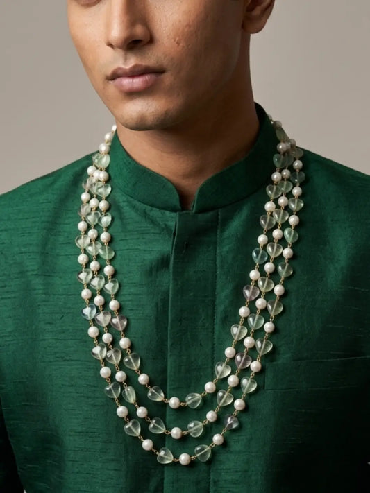 Layered green fluorite groom mala with heart-shaped natural gemstone beads, shell pearls and gold plated detailing