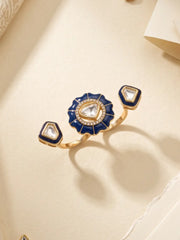 Navy blue Kundan double finger ring with gold plating, enamel detail and Polki stones, ideal for festive outfits, weddings and cocktail looks.