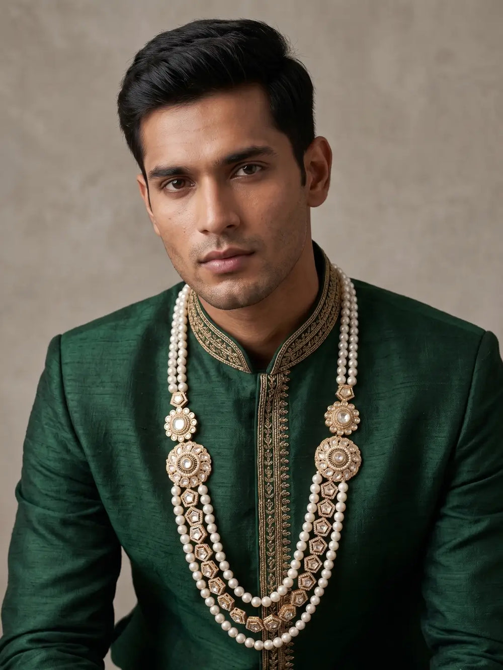 Freshwater pearl and Kundan dulha mala with ornate Polki brooches and CZ accents, styled with a traditional groom's sherwani.