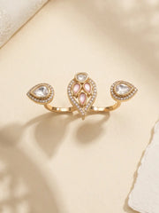 Pink CZ and Polki-style double finger ring with gold plating and pear-shaped motifs, styled as a statement accessory for ethnic outfits.