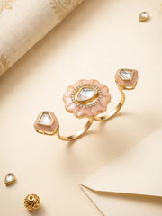 Pink Kundan double finger ring for women with gold plating, enamel detail and Polki stones, styled for bridal, wedding and festive outfits.