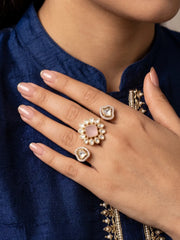 Pink Kundan Polki and CZ double finger ring with gold plating, featuring a floral design for bridal, wedding, mehendi and festive styling.