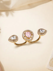 Pink Kundan Polki dual finger ring with gold plating and pear-shaped CZ details, designed for wedding, bridal, festive and ethnic outfits.