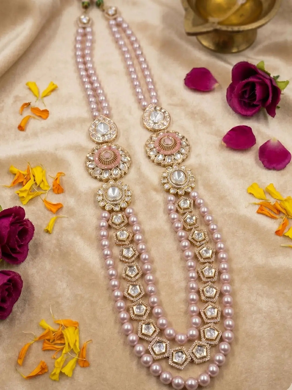 Pink shell pearl Kundan Polki groom necklace with long layered strands, gold-plated brooches and CZ details for sherwanis, achkans and weddings.
