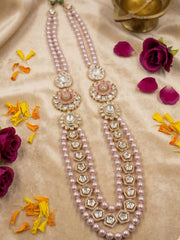 Pink shell pearl Kundan Polki groom necklace with long layered strands, gold-plated brooches and CZ details for sherwanis, achkans and weddings.