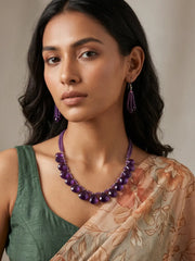 Purple amethyst teardrop beaded necklace with silver-plated detailing, suited to styling with sarees, kurtis, evening dresses and Indo-Western outfits