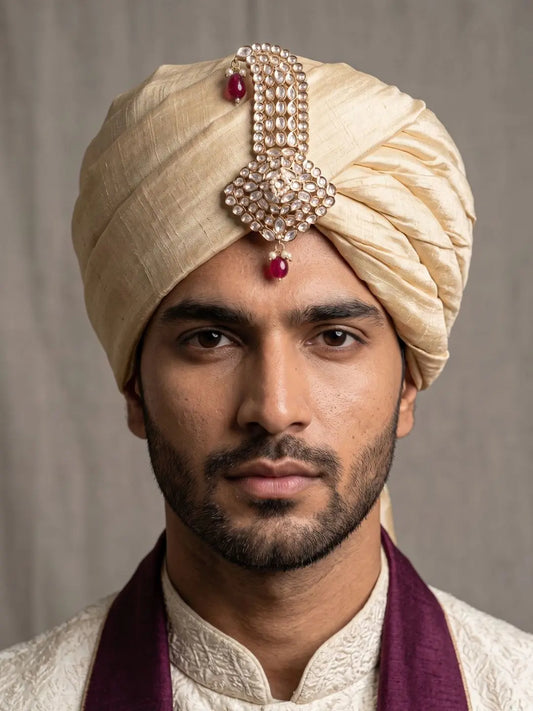 Red Designer Kundan Kalangi Styled on Groom Wedding Safa