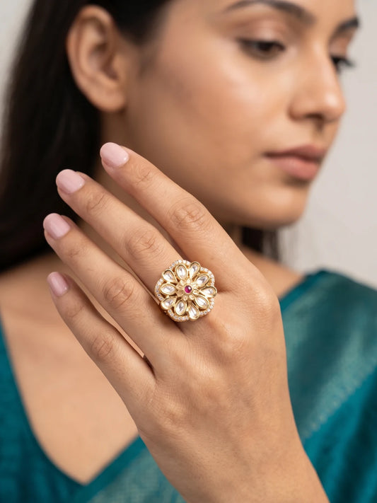 Red floral Kundan finger ring with gold plated detailing, Polki accents and sparkling CZ stones, designed for wedding, festive and ethnic jewellery looks