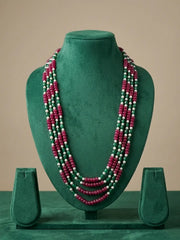 Layered red, green and white beaded necklace with jade beads and freshwater pearls for weddings and celebrations.