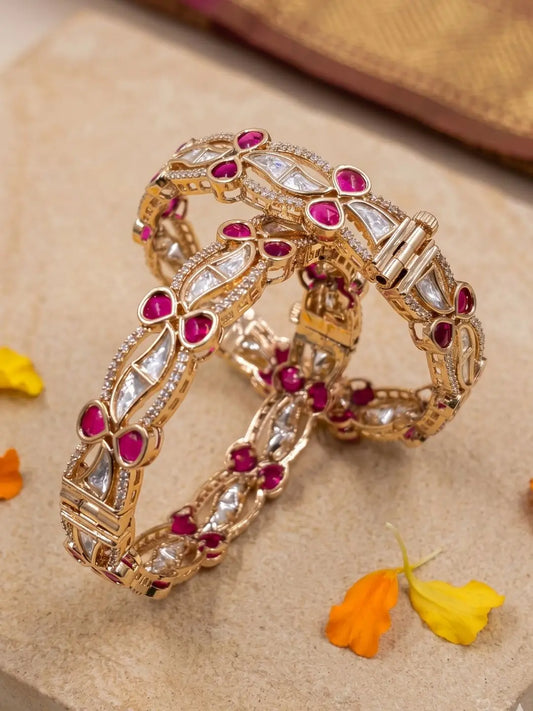 Gold Plated Kundan & Ruby Stone Bangle Set For Women | Wedding & Festive Bangles online