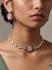 Red polki kundan choker necklace set with white CZ stones, gold-tone detailing, red enamel accents and matching earrings in a coordinated design.