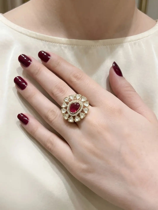 Elegant Adjustable red Polki Ring For Women | Ethnic & Traditional Wear