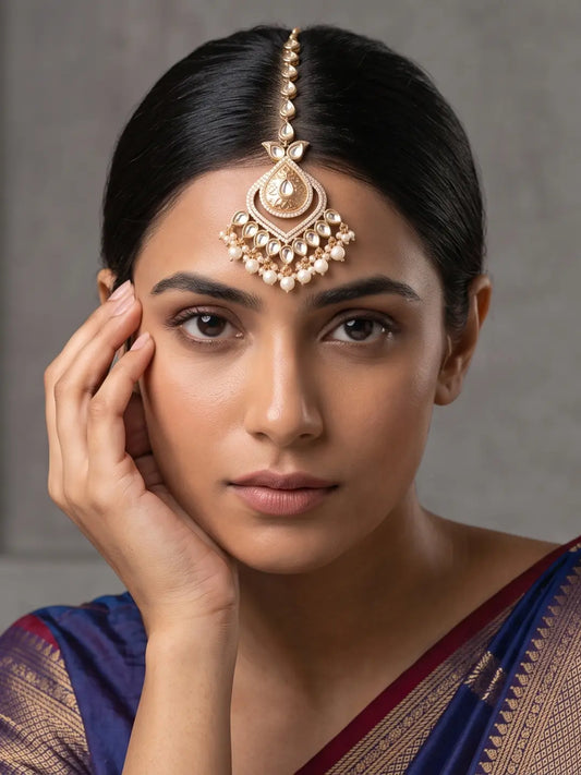Rose Gold Maang Tikka Styled with Bridal Lehenga for Wedding Day Look