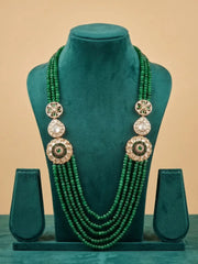 Royal green beaded sherwani necklace with layered jade beads and Kundan Polki brooches, designed for groom wedding and reception outfits.