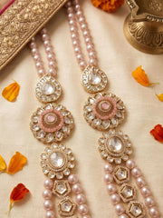 Royal pink pearl sherwani mala for groom featuring layered shell pearls, Kundan-style brooches and CZ stones for traditional Indian wedding wear
