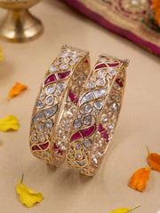 Gold Plated Ethnic Uncut Polki Kundan & Ruby Stones Bangle Set For Women
