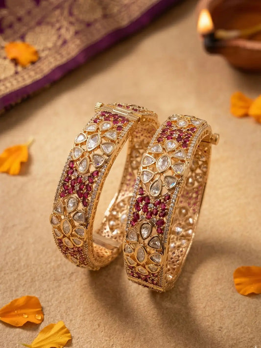 Luxury Gold Plated Ruby Stones & Polki Kundan Kada Bangles Set | Bridal & Weddings Wear