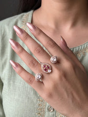 Ruby pink gold plated double finger ring with CZ, Polki-style and colourful stones, designed for party wear, bridal and festive looks.