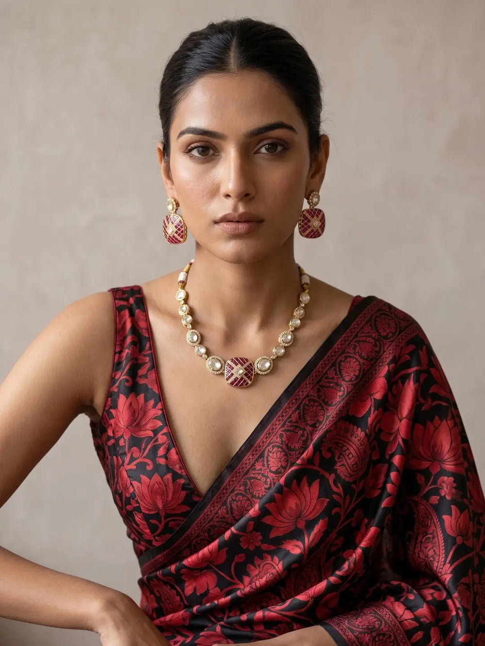 Ruby pink gold plated Kundan Polki necklace with graduated stones, enamel detailing and matching earrings for wedding and cocktail styling.