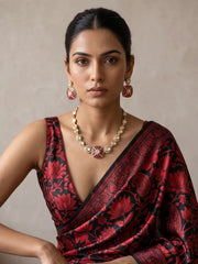 Ruby pink gold plated Kundan Polki necklace with graduated stones, enamel detailing and matching earrings for wedding and cocktail styling.