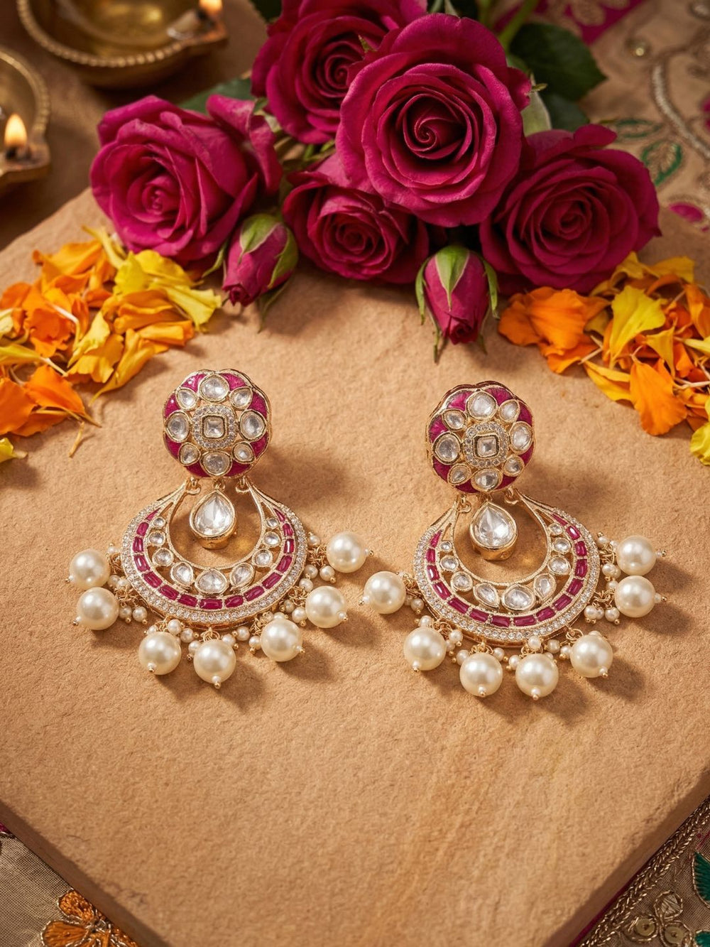 Ruby pink gold plated Chandbali earrings with Polki and Kundan detailing, ruby-red enamel accents and delicate pearl danglers.
