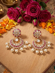 Ruby pink gold plated Chandbali earrings with Polki and Kundan detailing, ruby-red enamel accents and delicate pearl danglers.