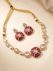 Ruby pink Kundan Polki choker-style necklace set with CZ stones, enamel accents and matching earrings for mehendi, sangeet and wedding looks.