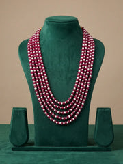 Ruby red jade and natural freshwater pearl mala with layered strands, designed to complement sarees, lehengas, Anarkalis and ethnic outfits.