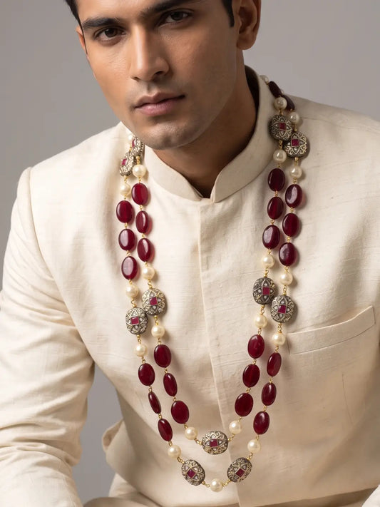 Layered ruby red jade and shell pearl groom mala with gold-tone Kundan-style elements and square red stone accents