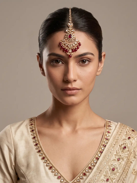 Traditional Gold-Plated Oversized Kundan Polki Maang Tikka with Maroon Stones and Pearl Drops Worn for Bridal Styling