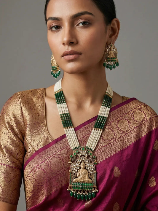 Traditional Green Buddha Motif Long Temple Necklace Set with Pearl Beads, Polki Detailing and Matching Earrings Worn by Woman