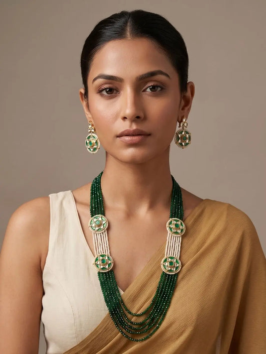 Traditional Long Green Beaded Necklace Set With Kundan Side Brooches On Woman | Indian Wedding Jewellery