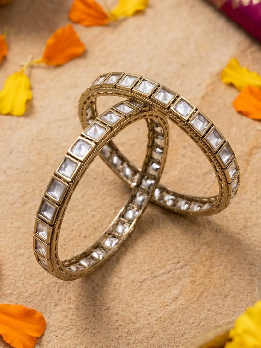 Antique Victorian Finish Sleek Square Shape Polki Bangles For Women | Festive Wear kundan bangles